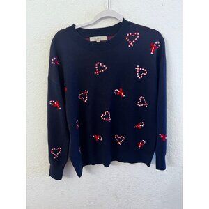 LOFT Navy Holiday Sweater With Candy Cane & Heart Pattern Womens size medium